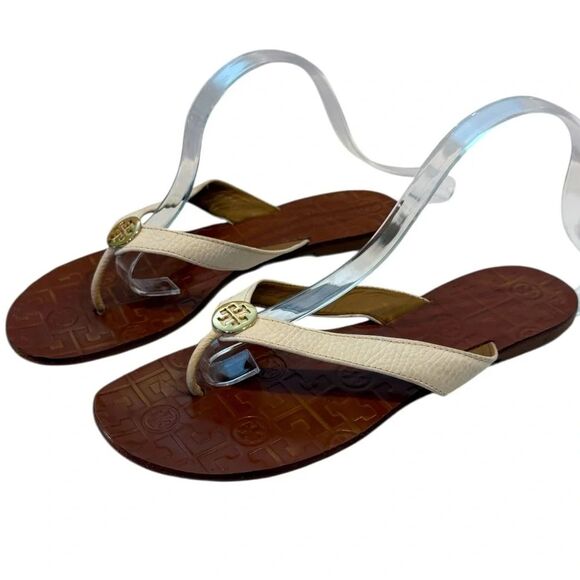 Tori Burch Women's Thora Leather Sandals Flat Thongs White Gold Logo Size 10 - Picture 6 of 6